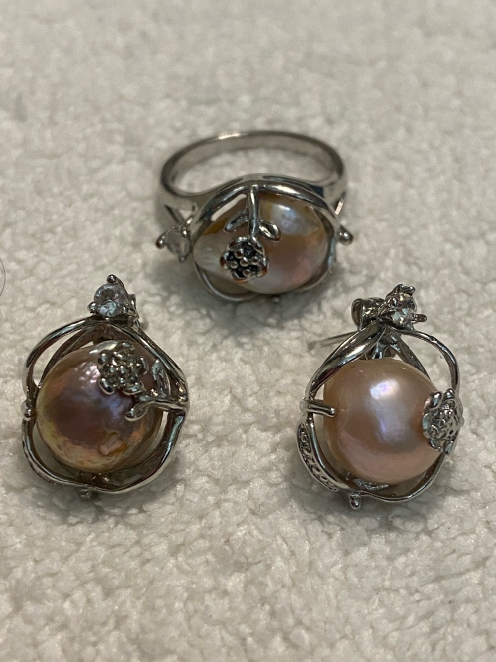 Cultured Pink Pearl and Silver Floral Ring and Earrings Set